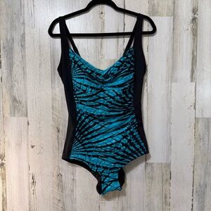 Blue and Black One Piece Swimwear with Tropical Print